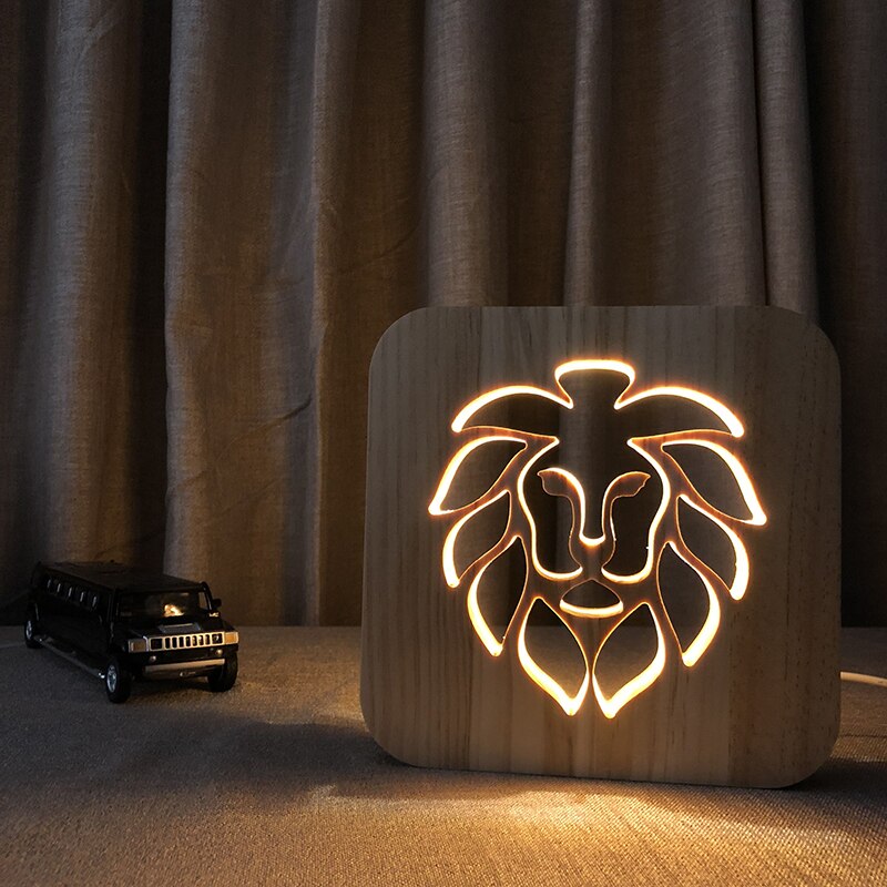 3D 나무 사자 램프 동물 스타일 USB LED 테이블 빛 luz 스위치 컨트롤 bebe noche 나무 조각 램프 어린이 침실 장식